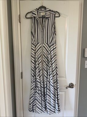 Anthropologie Maeve Navy and White Striped Sleeveless Collared Maxi